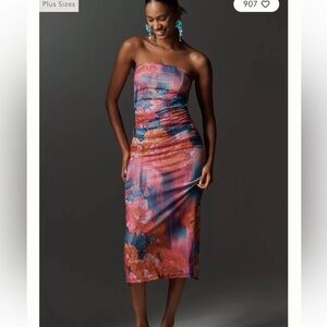 Anthropologie Soleil Strapless Slim Ruched MIDI 
 Dress XS Small New Pink Blue